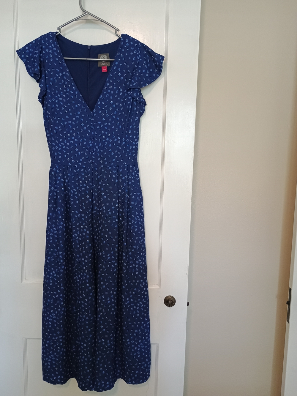 Vince Camuto Blue Printed Jumpsuit Size 4 Flutter Sleeve Wide Leg Tie Back